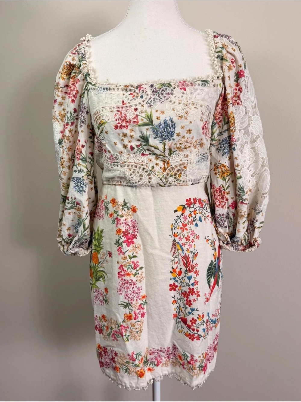 FARM Rio Cream Floral Lace Puff-Sleeve Mini Dress with Multi-Color Bouquet Print